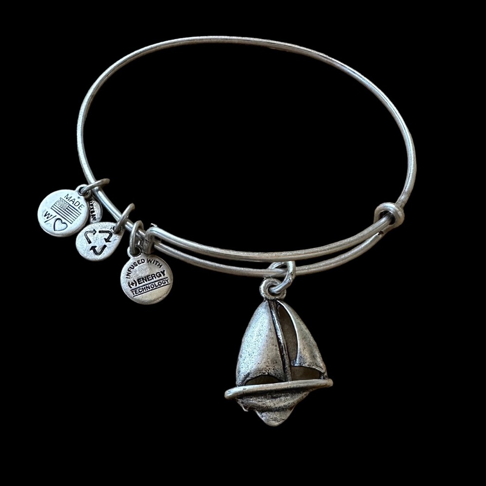 Alex & Ani Silvertone Sailboat Expandable Bangle Charm Bracelet EUC